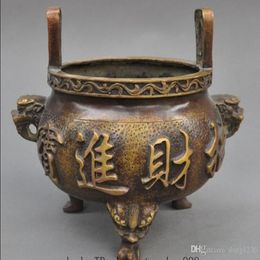 Old Chinese buddhism temple Bronze wealth lion head statue incense burner Censer236R