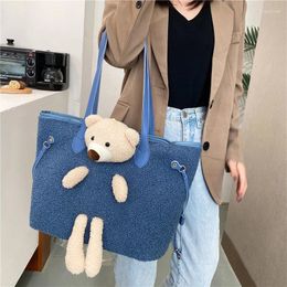 Evening Bags Cute Bear Plush Shoulder Bag For Women 2024 Winter Handbag Casual Large Capacity Shopper Female Big Lamb Woollen Tote
