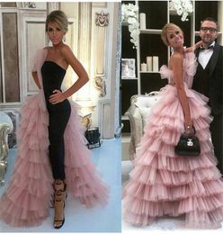 2019 New Fashion Jumpsuits Prom Dresses With Overskirt One Side Layered Tulle Skirt Celebrity Evening Gowns Women Formal Wear Part9932846