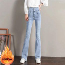 Women's Jeans Korean Fashion High Waist Slim Skinny Bell-bottoms Winter Plus Velvet Warm Single-breasted Denim Trousers All-match Women