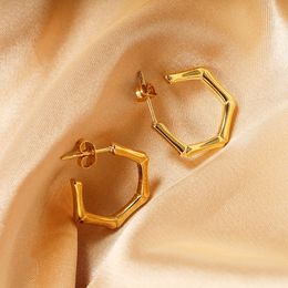 18k Gold Hexagon Bamboo Hoop Earrings Stainless Steel Geometric Stud Ear Rings Hoop for Women Girls Fashion Goth Jewellery