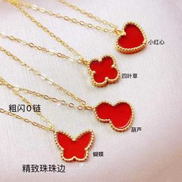 18K Gold Selected Natural Red Agate Butterfly Love Gourd Clover Necklace with Superb Upper Body Effect