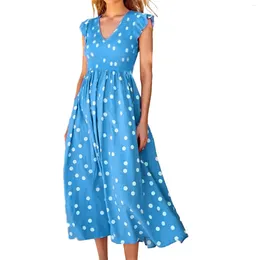 Casual Dresses Women Sleeveless Polka Dot Printed V Neck Midi Dress Ruched Tie Waist Summer Long For