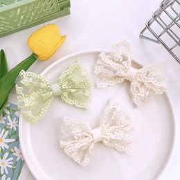 Hair Accessories 2024 Summer French Children's Cute Beautiful Embroidery Mesh Lace Bow Hairpin Fashion Sweet Girl Princess
