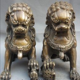 Chinese China Folk Copper Door Fengshui Guardion Foo Fu Dog Lion Statue Pair2407