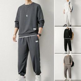 Men's Tracksuits Casual Long-sleeved Tops Pants Set Waffle Texture O-neck Long Sleeve Top Elastic Waist Sweatpants With For Spring