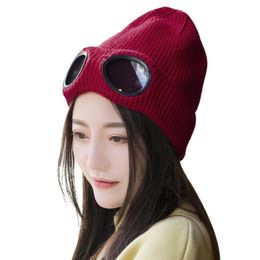 NEW Women Beanies Windproof Glasses Hat Casual Warm Knitted Cap Gorro Autumn Winter Outdoor Skiing Hats Hip Hop Skullies Bonnet228V