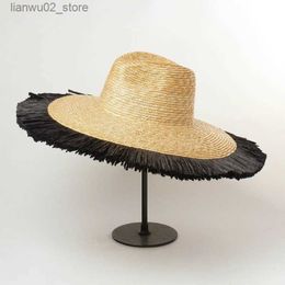 Wide Brim Hats Bucket Hats Fashionable simple white tassel straw hat for women summer sunshade holiday top hat panama beach sun protection hat Q240312