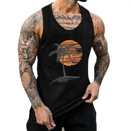 Men's Tank Tops Youth Stylish Coconut Tree Print Vest Sleeveless Skinny Low Neck Hawaiian Casual Beach Vacation Tunic