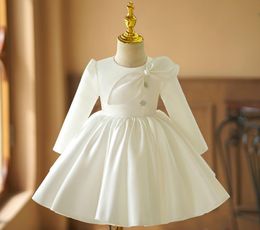 Jewel Long Sleeve Satin Ball Gown Flower Girls' Dresses Knee-length Custom Kids Formal Wear