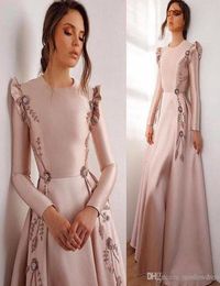 Modest Long Sleeves Satin Evening Dresses Ruffles Lace Applique Beaded A Line Prom Dresses Plus Size Gowns8622486