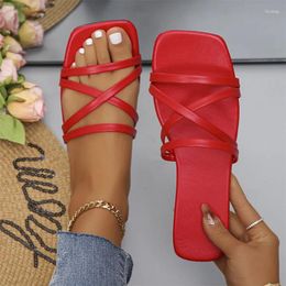 Slippers Women Beach Casual Flats Shoes Sandals Summer 2024 Fashion Square Toe Flip Flops Walking Zapatillas Femme Slides