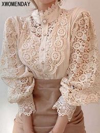 Women's Blouses Shirts Women Chiffon Button Turtleneck Shirt Chic Elegant Floral Lace Fluffy Long Sle Top Fashion Hollow Oversize White Blouse 2024L24312