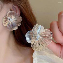 Stud Earrings Korean Silver Color Big Flower Pearl For Women Trendy Elegant Shape Temperament Jewelry Gift