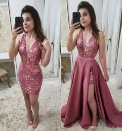 2019 Dusty Rose Detachable Train Prom Dresses V Neck Sleeveless Plus Size Lace Applique Beaded Cocktail Dress3564605