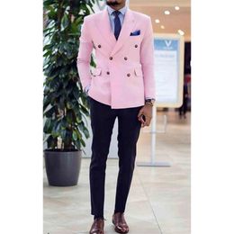 Pink Men Suits ed Lapel Double Breasted Prom Slim Fit Tuxedos Groom Wedding for 2 Pieces Suit 240311