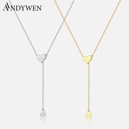 ANDYWEN 925 Sterling Silver Gold Adjustable Chain Heart Pendant Charm Necklace Drop Choker Resizable Women Luxury Jewekry 240306