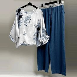 Plus Size Women Two Piece Sets Sexy Mid Sleeve Shirt Elgant Floral Print Wide Leg Pant High Streetwear Casual Summer Outfit 240315