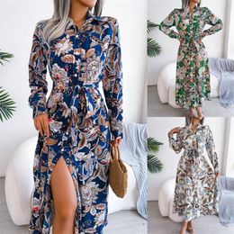 2024 Newest Casual Clothing Fashion Women Dresses Retro Floral Lapel Neck Long Skirts Vintage Mandala Pattern Dress