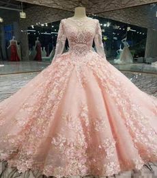 Luxury 3D Floral Applique Ball Gown Prom Dresses Long Sleeves Lace Sheer Neck Illusion Back Formal Evening Party Gown Custom Made6093080