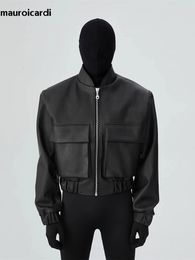 Mauroicardi Spring Autumn Cool Short Loose Black Hard Pu Leather Bomber Jacket Men Zipper Pockets Luxury Designer Clothes 240305