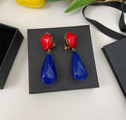 Stud Earrings Water Drop Red And Blue Colour Contrast Middle Ear Clip Trendy Personality Resin Gold Buckle Type Accessories