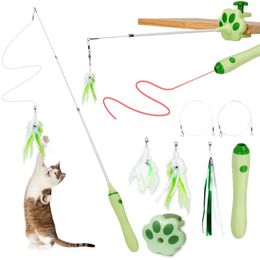 Retractable Cat Sticks Laser Cat Toy Interactive Feather Teaser Wand Toys Pet Kitten Game Fishing Pole Self Playing Hanging Toys 240229