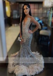 Luxury Sparkly Sheer One Shoulder Mermaid Prom Dress Black Girls Glitter Sequin Crystal Tulle Ruffles Bead Evening Party Gowns Rob3187486