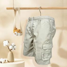 Mens Shorts Men Cargo Drawstring Elastic Waist Multi Zipper Pockets Pants Solid Colour Loose Breathable Knee Length for Daily