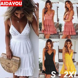 Womens Lace Dress Floral Romper Tutu White off shoulder Summer Crochet Chiffon Sleeveless Deep V Neck Lace up Dress ouc263a9760850