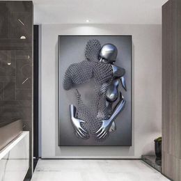 Paintings Couples Metal Figure Statue Canvas Painting Nordic Love Kiss Poster And Prints Sexy Body Wall Art Pictures For Living Ro234V