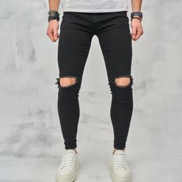 Stylish Hip Hop Men Knee Ripped Skinny Pencil Jeans High street Male Holes Denim Pants For Trousers 240305