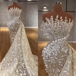 Mermaid Wedding Dresses Bridal Gown Lace Applique Beaded Pearls Sweep Train Organza Designer Illusion Custom Made Plus Size Vestido De Novia 0505
