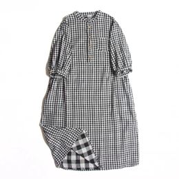Japanese style Mori women's artistic oversized 2024 spring outfit new double layered cotton lattice half open standing neck dress for women