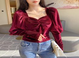 Fall Vintage Long Sleeve Blouse Women Velvet Crop Top Female Puff Sleeve Square Collar Chains CrissCross Backless Blouses Shirt6277541