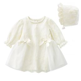 Ruffles Lace Bow born Baby Girl Dress Set Princess Autumn Long Sleeve Formal Dresses 1 Year Girls Clothes 240307