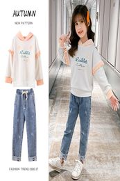 Fall 2020 Kids Girls Denim Clothing Set Hoodies Sweatshirts and Jeans Trousers Two Piece Outfit for Teenagers Spring Clothes New6010150