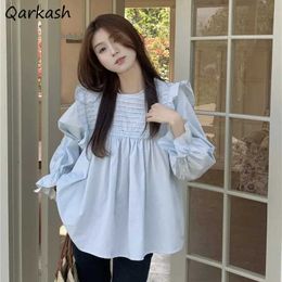 Women's Blouses Shirts Ruffles Blouses Women Spring Flare Sle Korean Style Sweet Casual Solid All-match College Temperament Fashion Ulzzang ClassicL24312