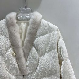 High-End Style New Chinese Mink Collar White Goose Down For Women's Short V-Neck Jacquard Warm Fur Jacket 3552