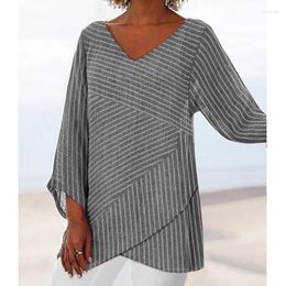 Women's Blouses 2024 Autumn Clothing Stripe Print V-Neck Cross Irregular Bottom Shirt Large Long Sleeve Top Shirts