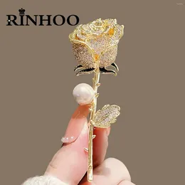 Brooches Rinhoo Full Rhinestone Rose Flower Brooch For Women Elegant Luxury Imitaion Pearl Floral Lapel Pins Wedding Corsage Jewellery Gift