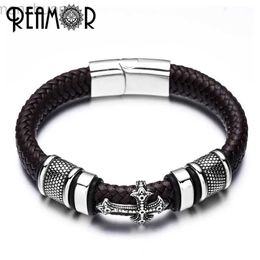 Bangle REAMOR 12mm Width Braided Leather Men Bracelets 316L Stainless Steel Cross Charms Cuff Bracelets Bangles Trendy Male Jewelry ldd240312