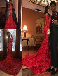 Full Sequin Red African Prom Dresses Off The Shoulder Mermaid With Long Sleeve Plus Size Evening Gowns For Pageant Reflective Dres8088023