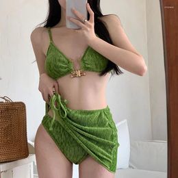 Women's Swimwear Women Summer Green Hollow Drawstring Y2K 3PC Swimsuit Sets Lady Vacation Push Up Beach Bikini Skirt Bathing Suits