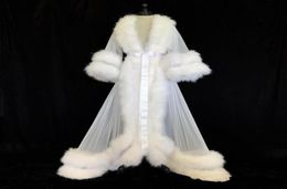 White Double Deluxe Evening Dresses Women Robes Fur Nightgown Bathrobe Sleepwear Bridal Robe MarabouCharmeuse Dressing Gown Party6186443