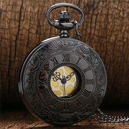 Steampunk Retro Full Black Unisex Quartz Pocket Watch Roman Number Case Mens Womens Analogue Display Watches Clock Pendant Chain Gif291N