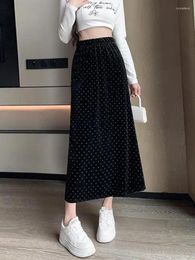 Skirts Black Elegant Diamonds Velvet Long Skirt Women 2024 Vintage Brown A Line Elastic High Waist Hip Wrap Female Autumn Winter