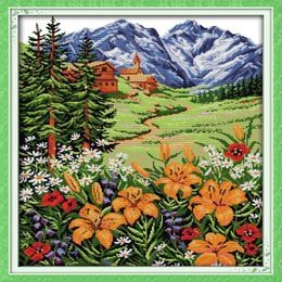 Snow Mountain in spring Scenery Home decor painting Handmade Cross Stitch Embroidery Needlework sets counted print on canvas DMC 271m