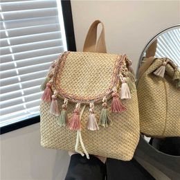 Beach Bags Tassel Grass Woven Bag Summer Water Bucket Women's Small Backpack Multi Use Beach