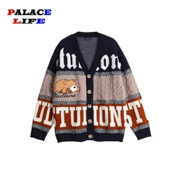 Men's Sweaters Mens Bear Embroidery Cardigan Sweater Women Street Oversized Knit Pullover Casual Hip Hop Couple Jumper Harajuku V-neck